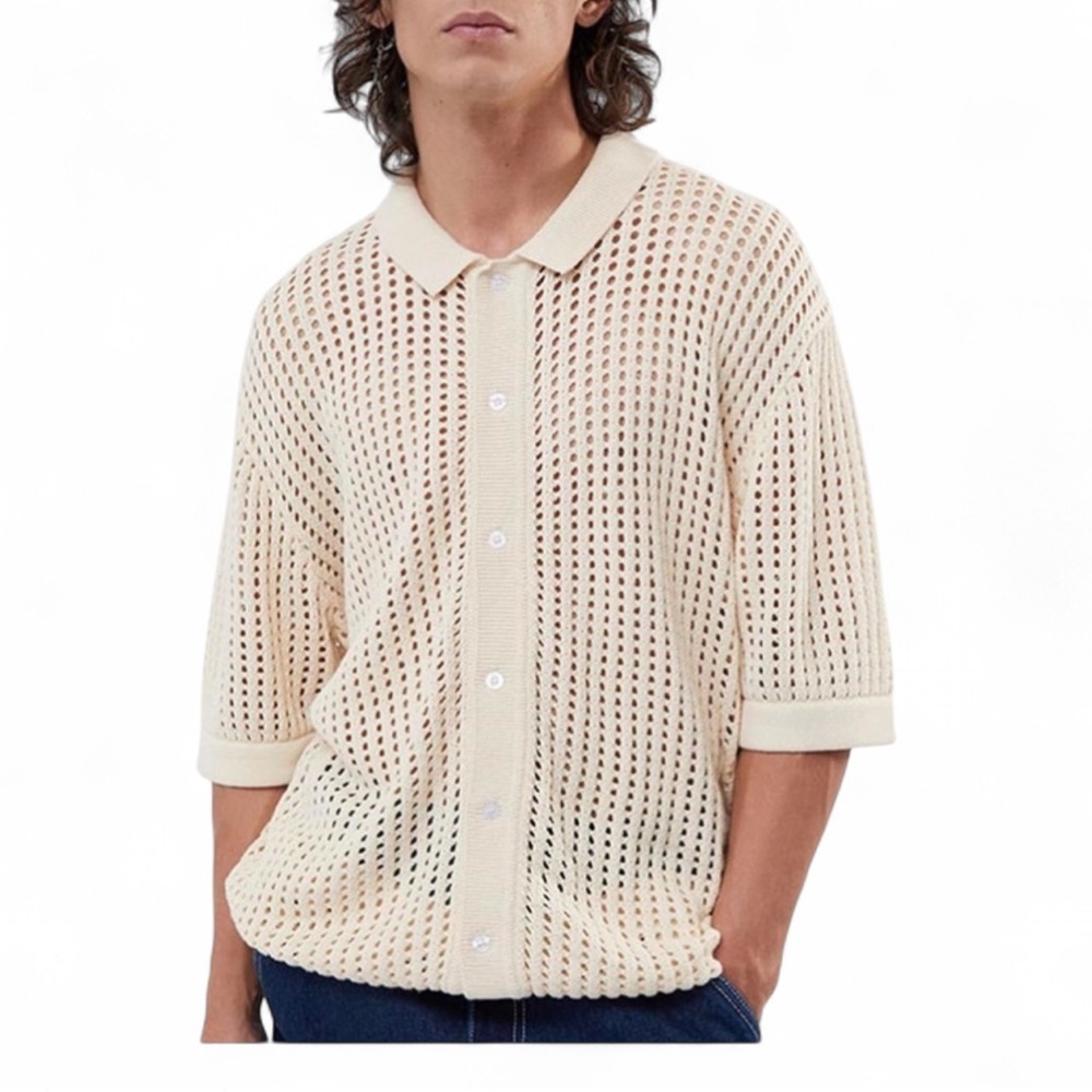 PacSun| Off White Open Knit Polo 2.0 Woven Camp Shirt Size M 100% Cotton